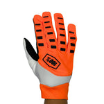 white and orange padded gloves with 100% logo, made from cloth material, featuring impact and palm padding, breathable design, adjustable closure, and touchscreen compatibility for track use."