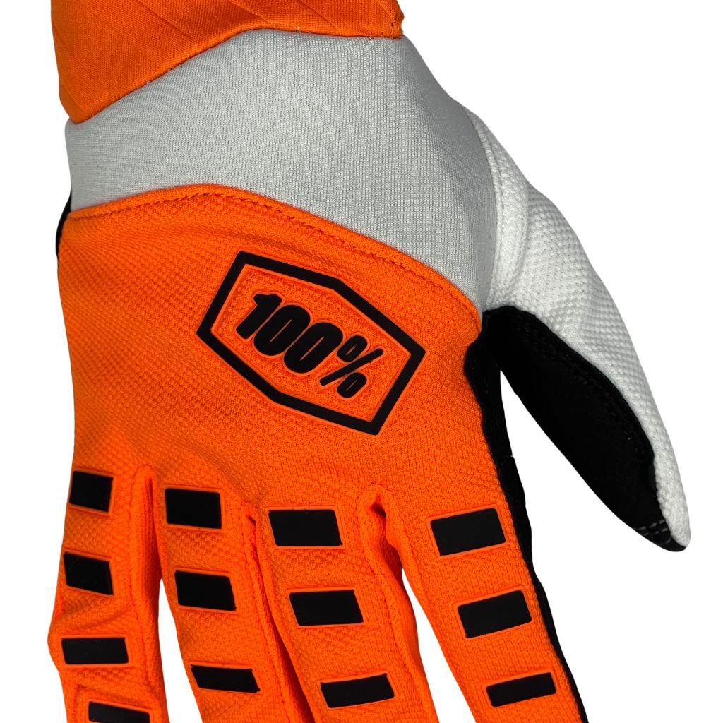 white and orange padded gloves with 100% logo, made from cloth material, featuring impact and palm padding, breathable design, adjustable closure, and touchscreen compatibility for track use."