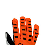 white and orange padded gloves with 100% logo, made from cloth material, featuring impact and palm padding, breathable design, adjustable closure, and touchscreen compatibility for track use."