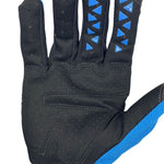 "Blue and white padded gloves with 100% logo, made from cloth material, featuring impact and palm padding, breathable design, adjustable closure, and touchscreen compatibility for track use."