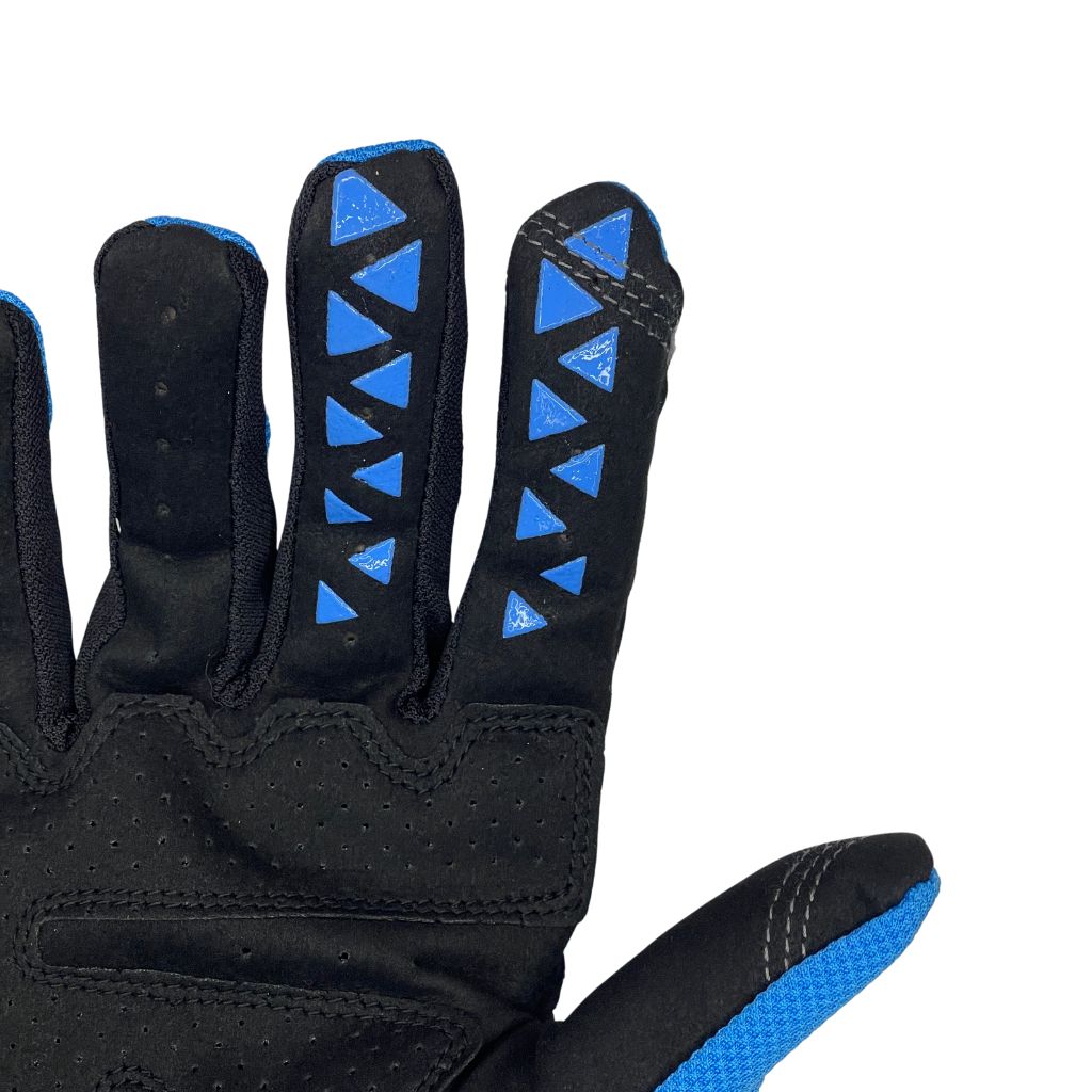 "Blue and white padded gloves with 100% logo, made from cloth material, featuring impact and palm padding, breathable design, adjustable closure, and touchscreen compatibility for track use."