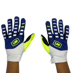 "Blue, white and yellow padded gloves with 100% logo, made from cloth material, featuring impact and palm padding, breathable design, adjustable closure, and touchscreen compatibility for track use."