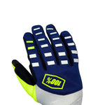 "Blue, white and yellow padded gloves with 100% logo, made from cloth material, featuring impact and palm padding, breathable design, adjustable closure, and touchscreen compatibility for track use."