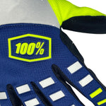 "Blue, white and yellow padded gloves with 100% logo, made from cloth material, featuring impact and palm padding, breathable design, adjustable closure, and touchscreen compatibility for track use."