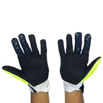 "Blue, white and yellow padded gloves with 100% logo, made from cloth material, featuring impact and palm padding, breathable design, adjustable closure, and touchscreen compatibility for track use."