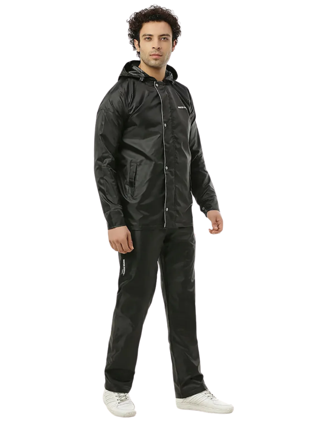 Man wearing a black rain suit on a white background