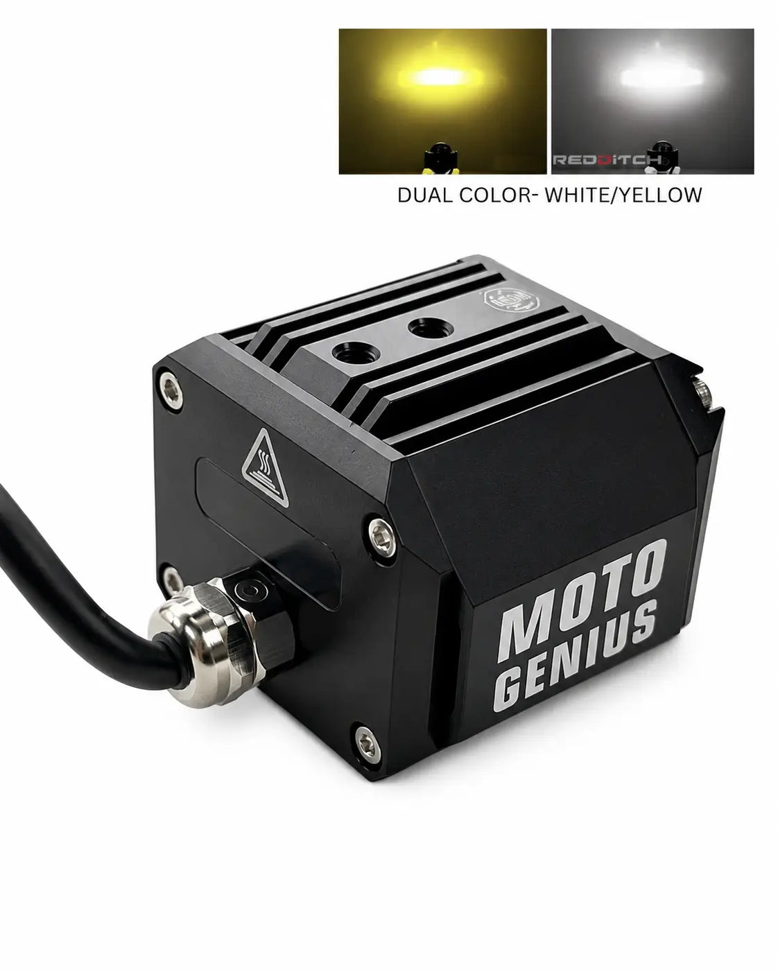 A black rectangular motorcycle LED light labeled 'MOTO GENIUS' on a white background, with two small inset images at the top showing the light output in white and yellow.