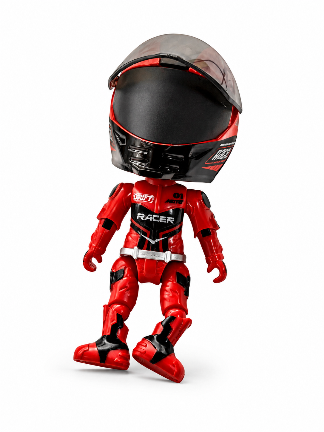 Red and black toy figure with helmet on a white background