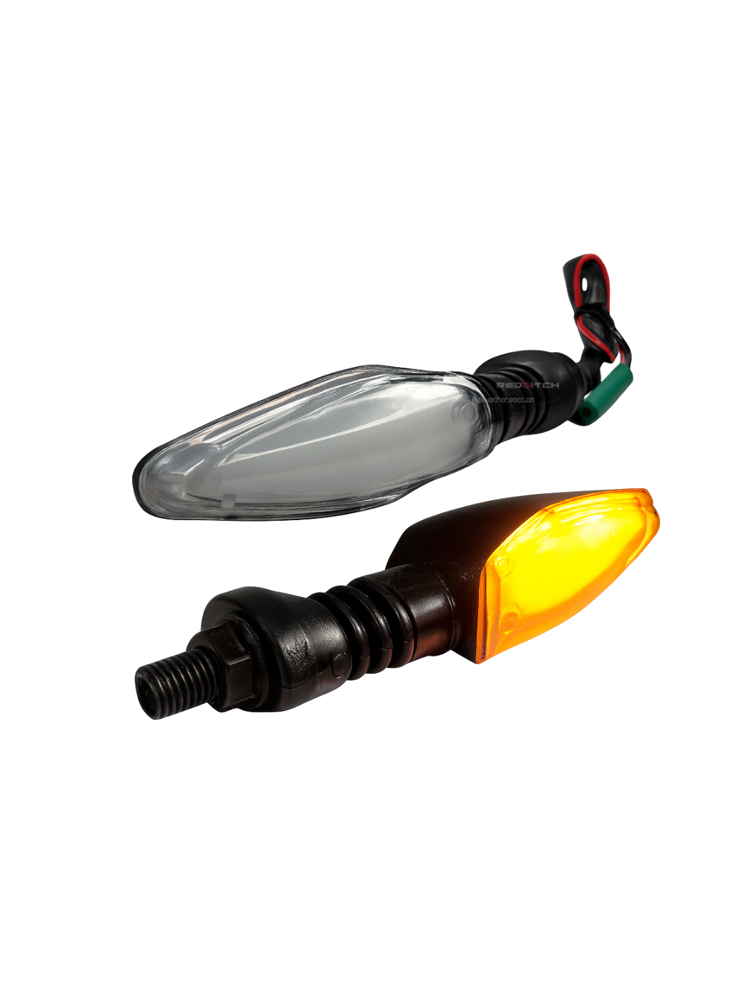 Motorcycle turn signal with clear lens and orange indicator on a white background
