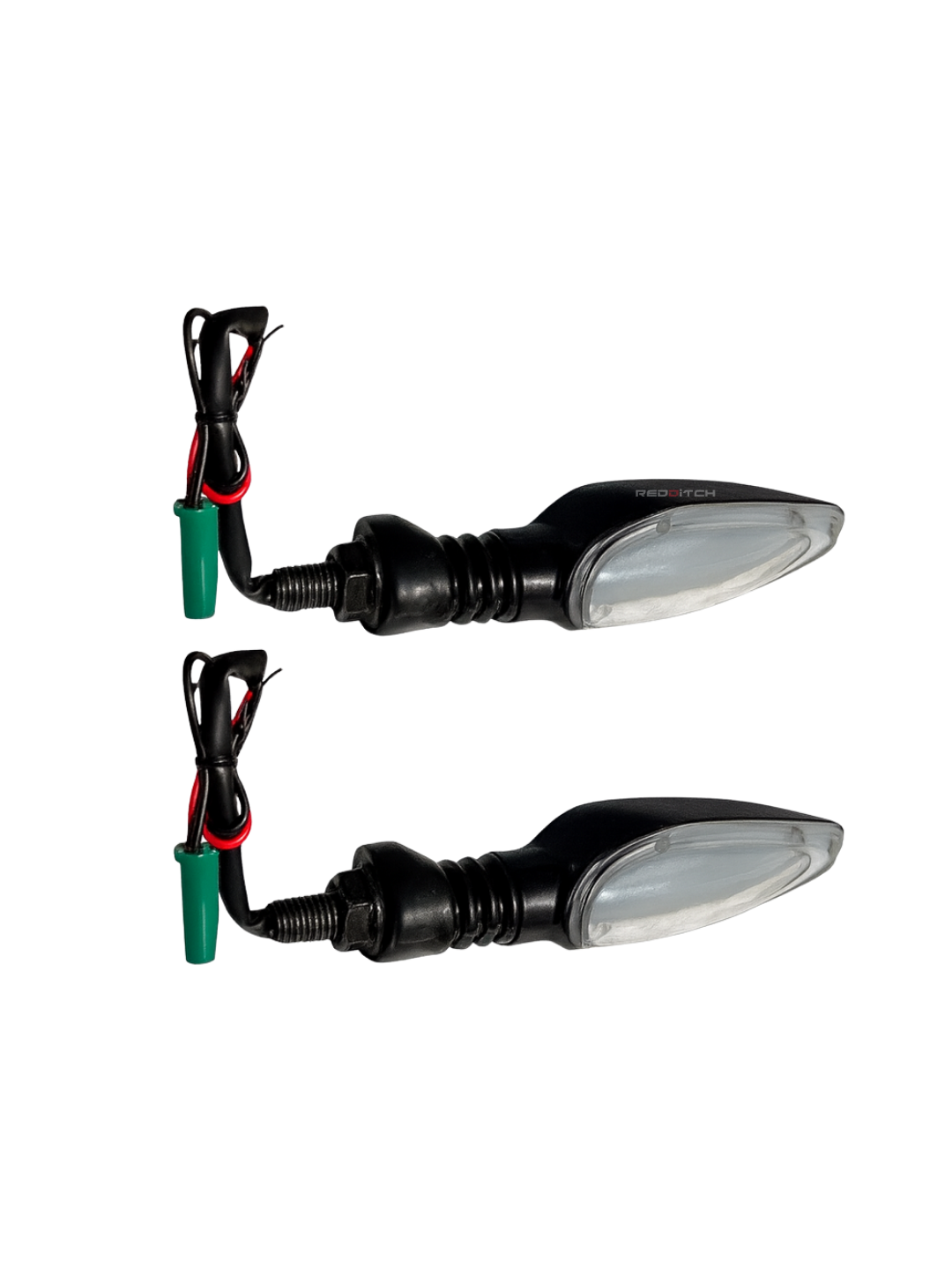 Two motorcycle turn signals with wiring on a white background