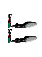 Two motorcycle turn signals with wiring on a white background