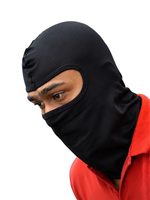 Person wearing a black balaclava and red shirt on a white background