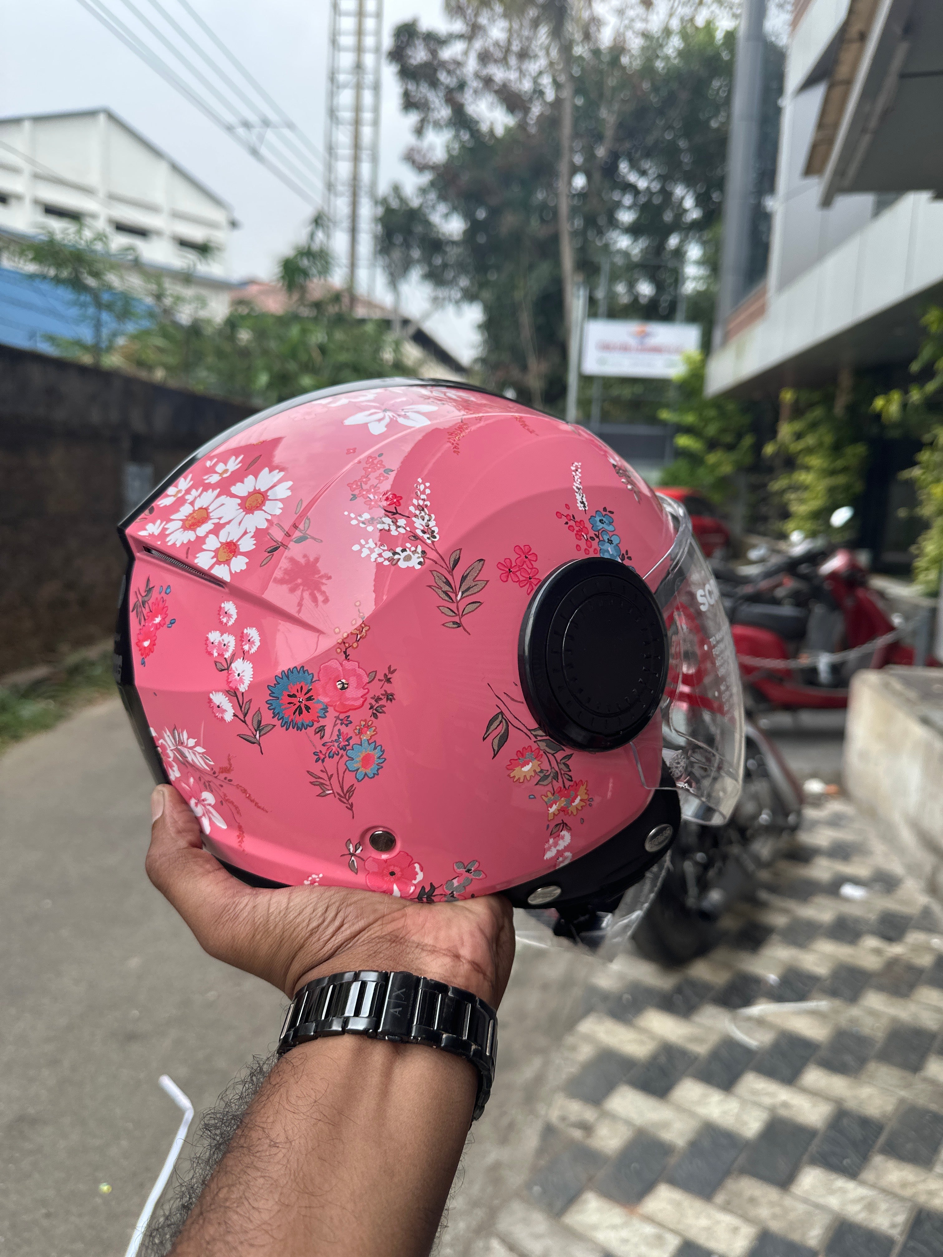 cheap womens pink motorcycle helmets Small Horns - Helmet Accessory Meets DOT standard (FMVSS218) Retractable tinted sun visor Pink Swirl Dual Visor Adult