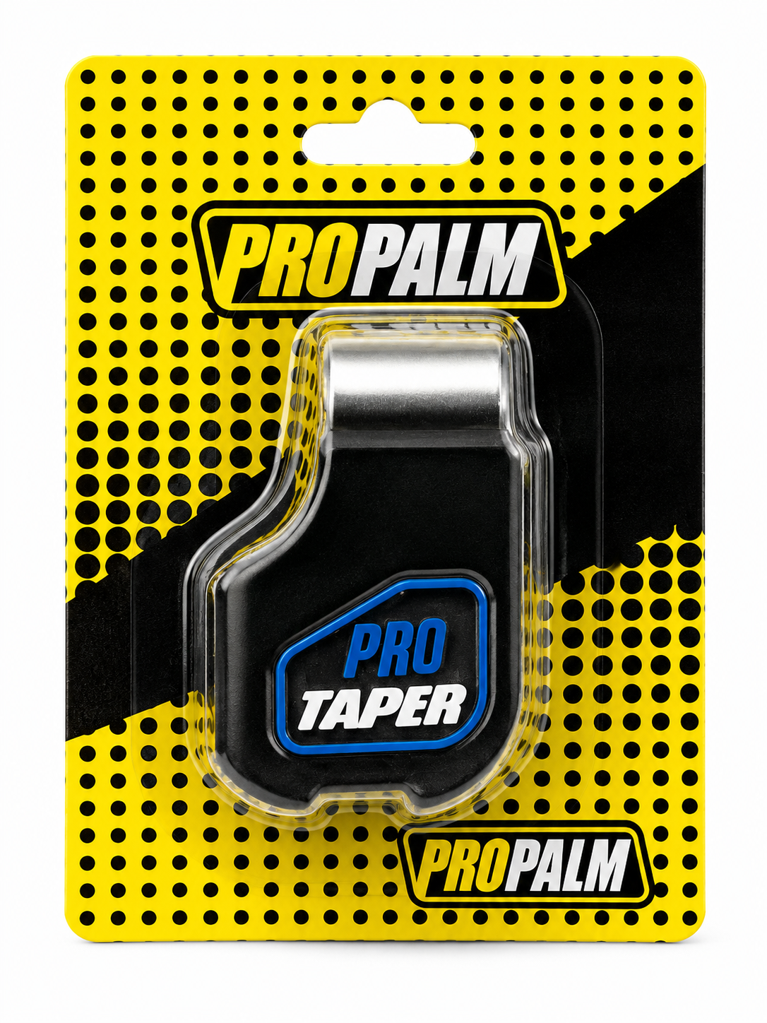 A Pro Palm Pro Taper product in its original retail blister packaging, featuring a black and silver metal taper inside a clear plastic bubble over a yellow and black patterned backing card.