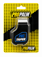 A Pro Palm Pro Taper product in its original retail blister packaging, featuring a black and silver metal taper inside a clear plastic bubble over a yellow and black patterned backing card.