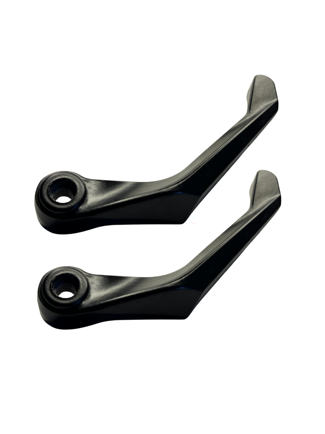 Two black metal lever components on a white background