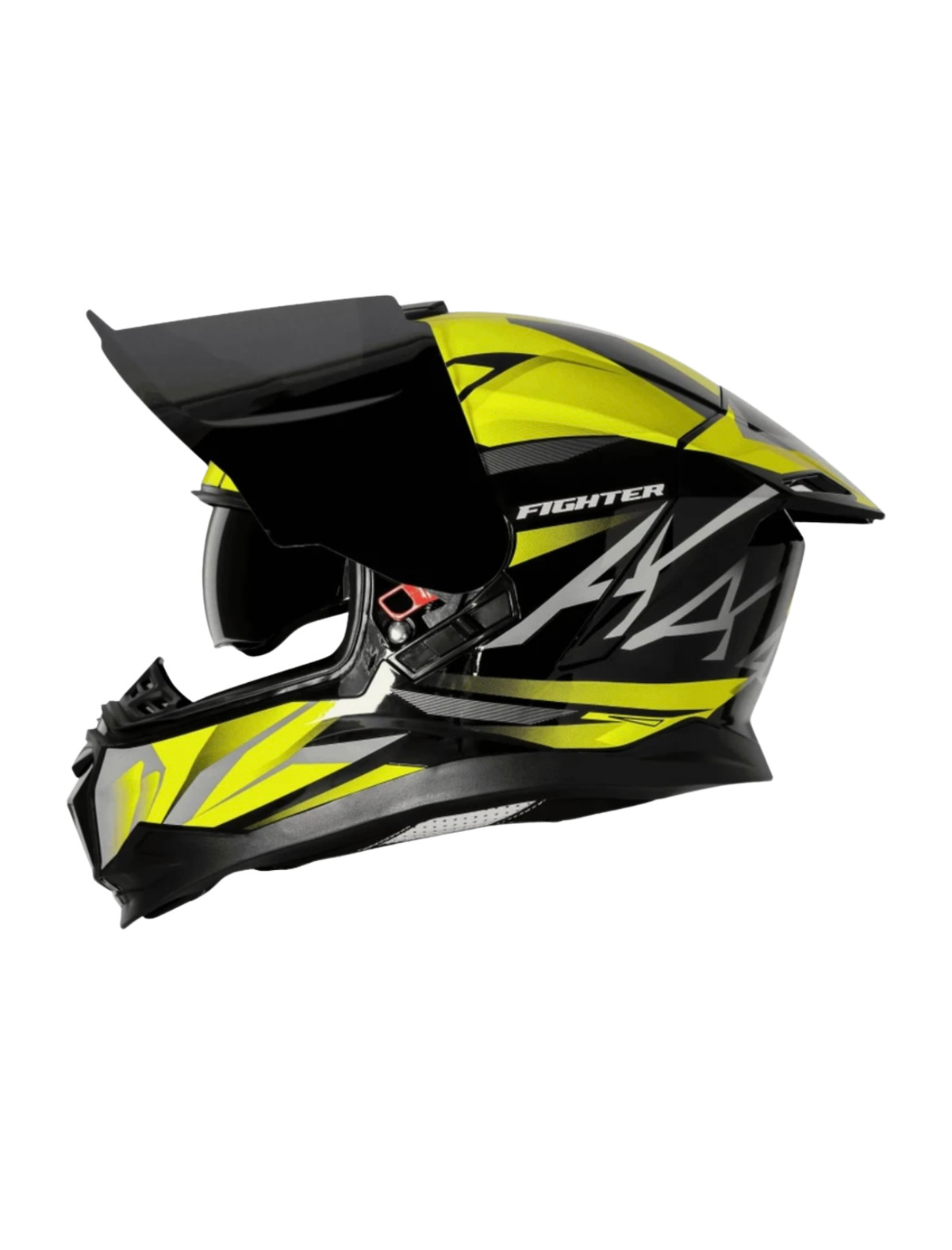 Black and yellow motorcycle helmet with 'Fighter' branding on a white background