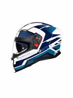 Blue and white motorcycle helmet on a white background