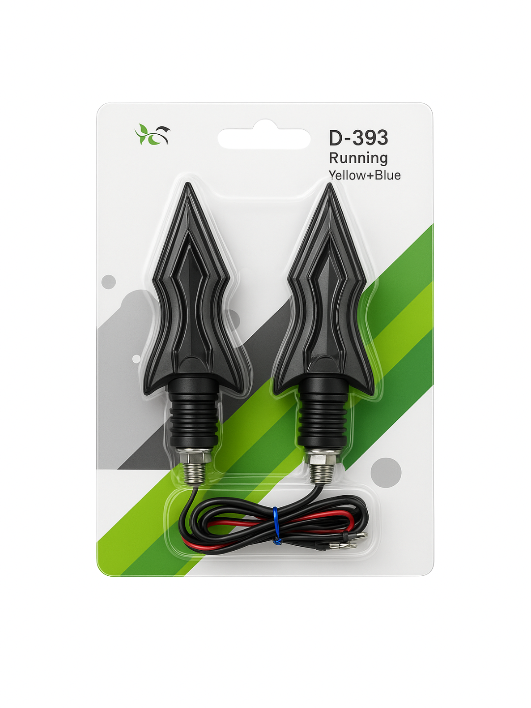 Two black arrowheads with wiring on a white and green packaging background