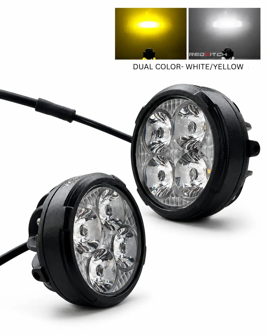 Two round LED off-road lights with black housings and clear lenses, shown on a white background with inset color demonstration images and text reading 'DUAL COLOR - WHITE/YELLOW'.
