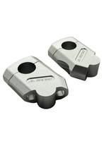 A pair of metallic silver J6 Racing motorcycle handlebar clamps on a clean white background.