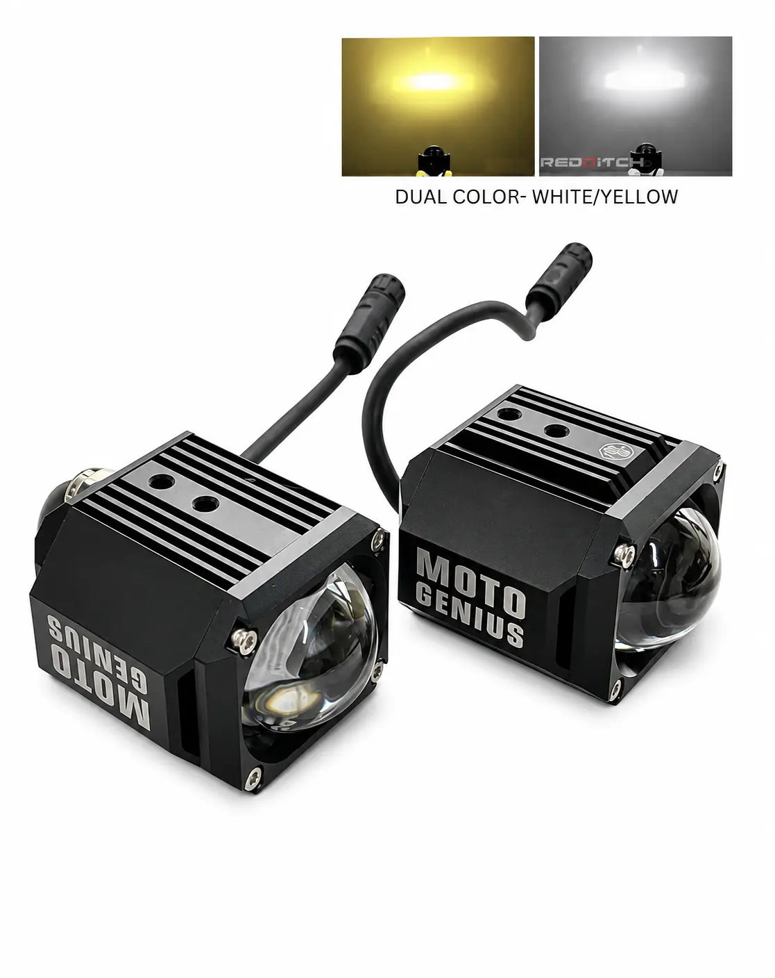 Two black rectangular LED motorcycle lights with a connecting cable, shown on a white background. An inset at the top shows the light outputs in yellow and white, labeled 'DUAL COLOR- WHITE/YELLOW'.