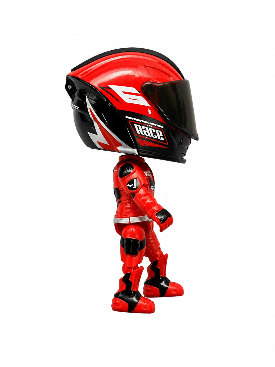 Red and black racing suit with helmet on a white background