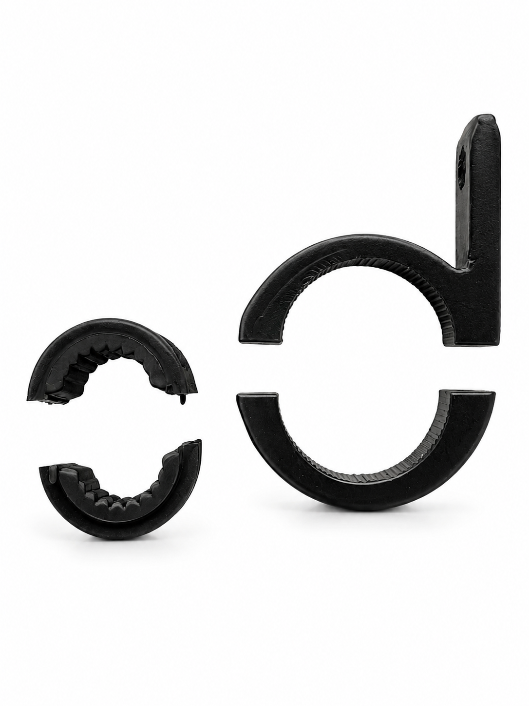 Three black plastic ring clips or fastener components arranged on a plain white background.