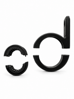 Three black plastic ring clips or fastener components arranged on a plain white background.