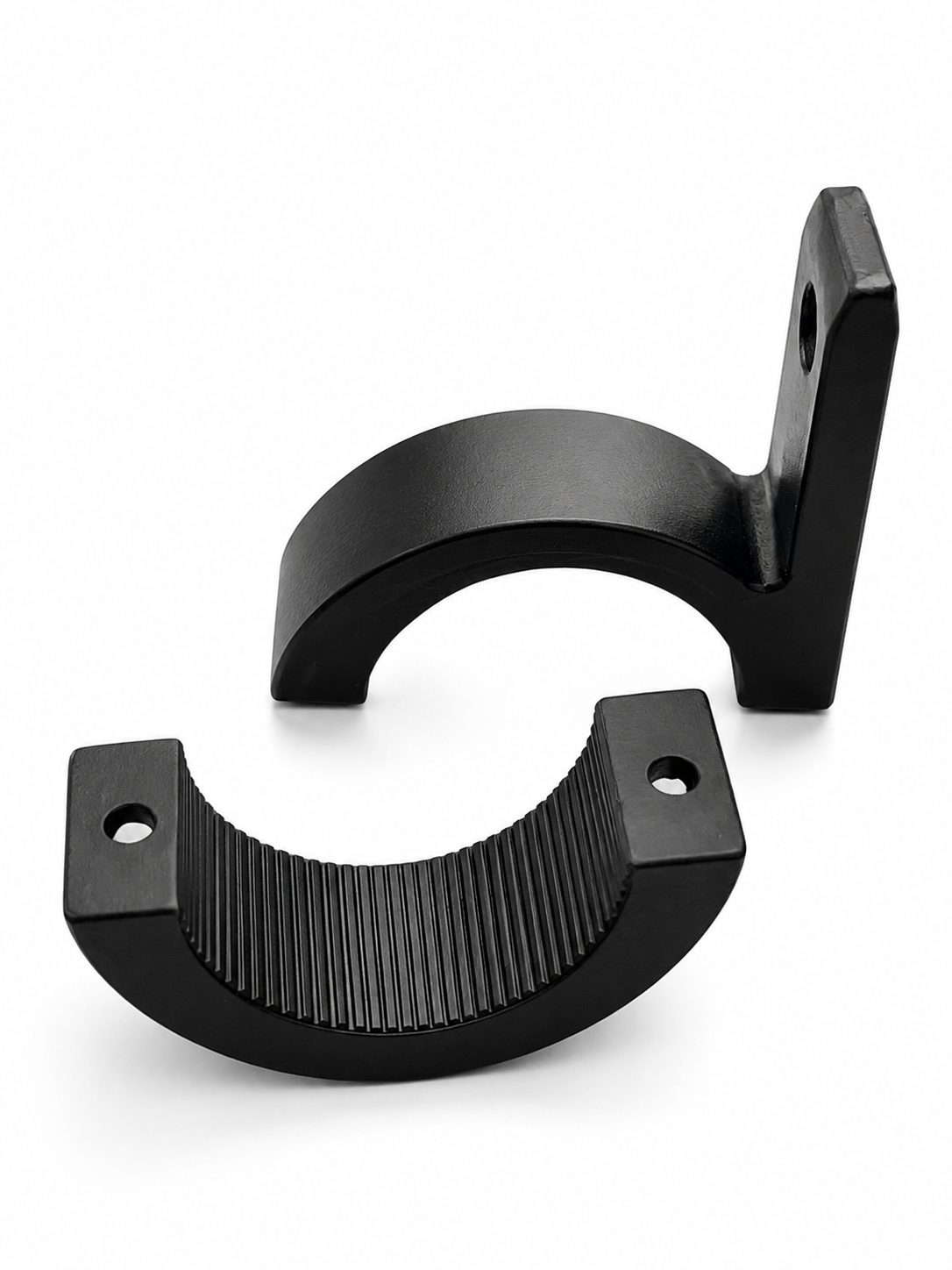 Two black metal mounting brackets with a ribbed textured inner surface and flat mounting holes, shown on a clean white background.