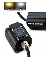 Black Moto Genius motorcycle LED light with a dual-color white and yellow light output graphic shown in the top left corner, on a white background.