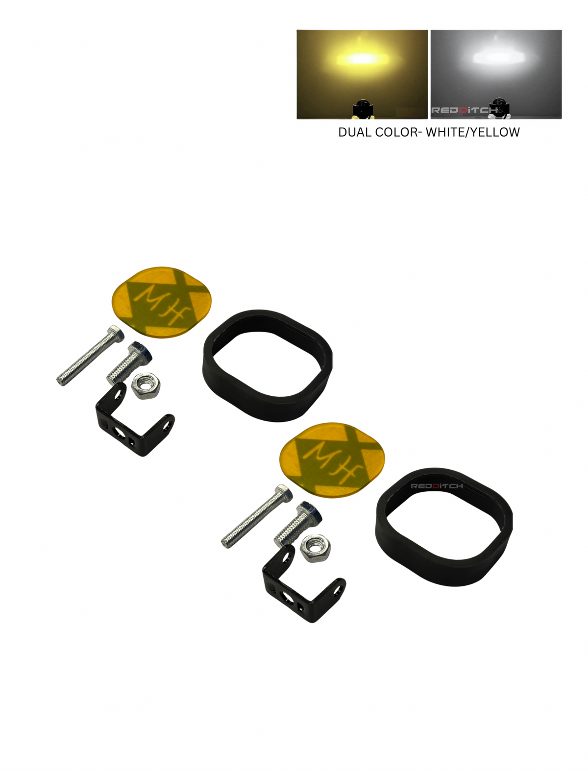 Mechanical parts and components on a white background with inset images of lights.