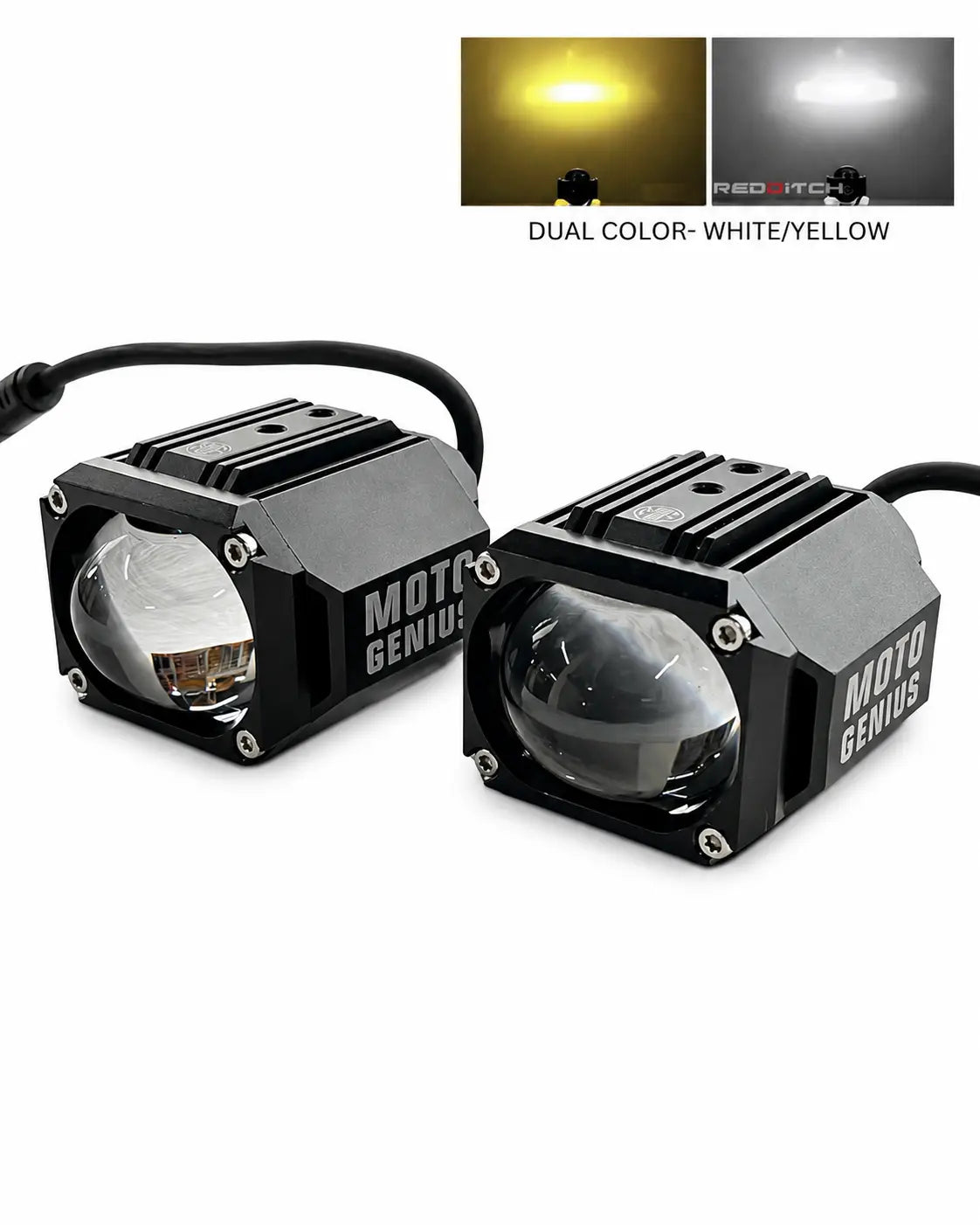 Two black square LED motorcycle lights with large clear lenses and visible internal reflectors, shown on a white background. A small inset at the top shows the lights emitting yellow and white light, with text reading 'DUAL COLOR- WHITE/YELLOW'.