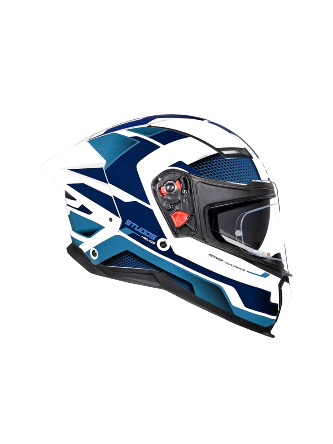 Blue and white motorcycle helmet with a black visor on a white background