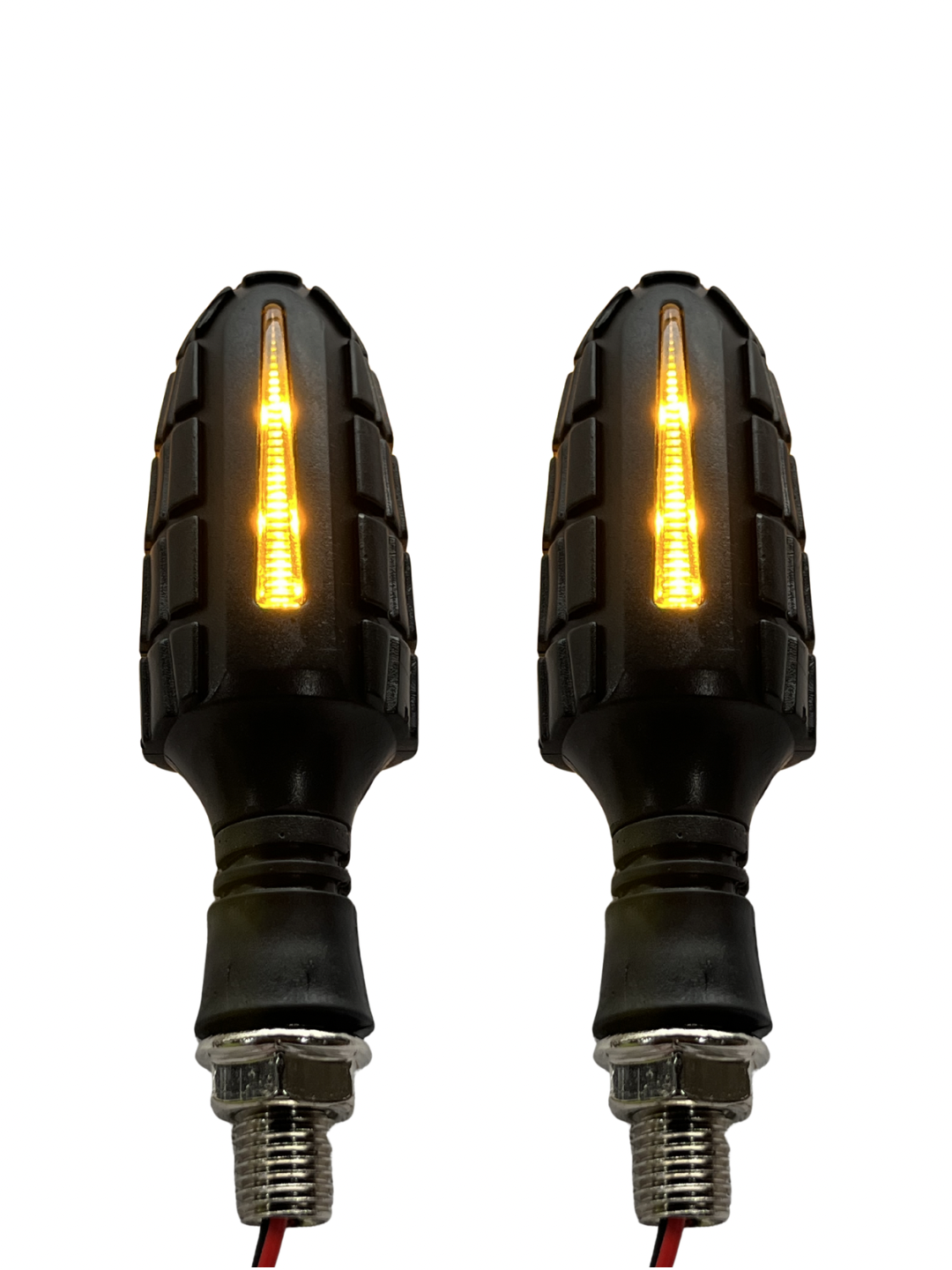 Two motorcycle turn signals with black textured casing and visible wiring on a white background.