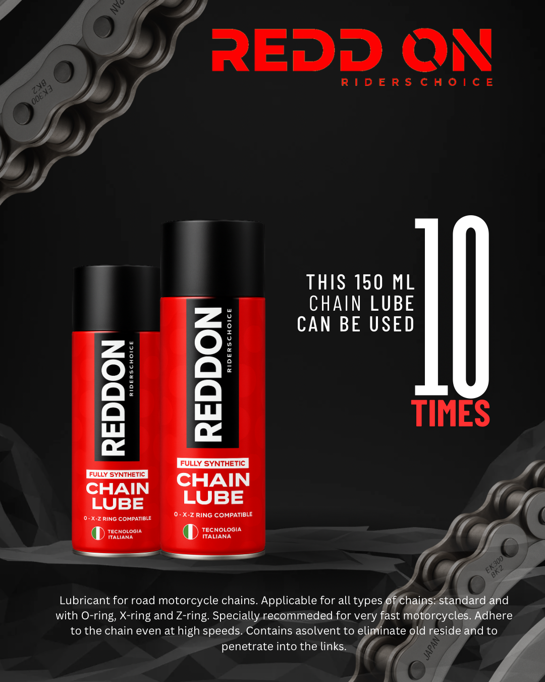Reddon chain lube bottles with promotional text on a black background