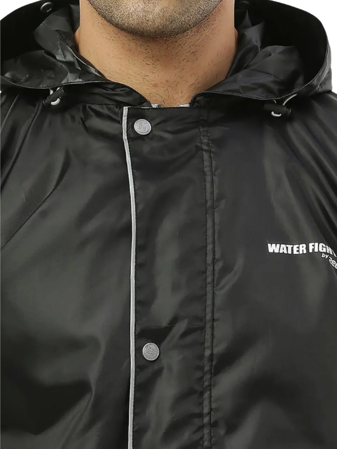 Black raincoat with visible brand logo on a person wearing it.