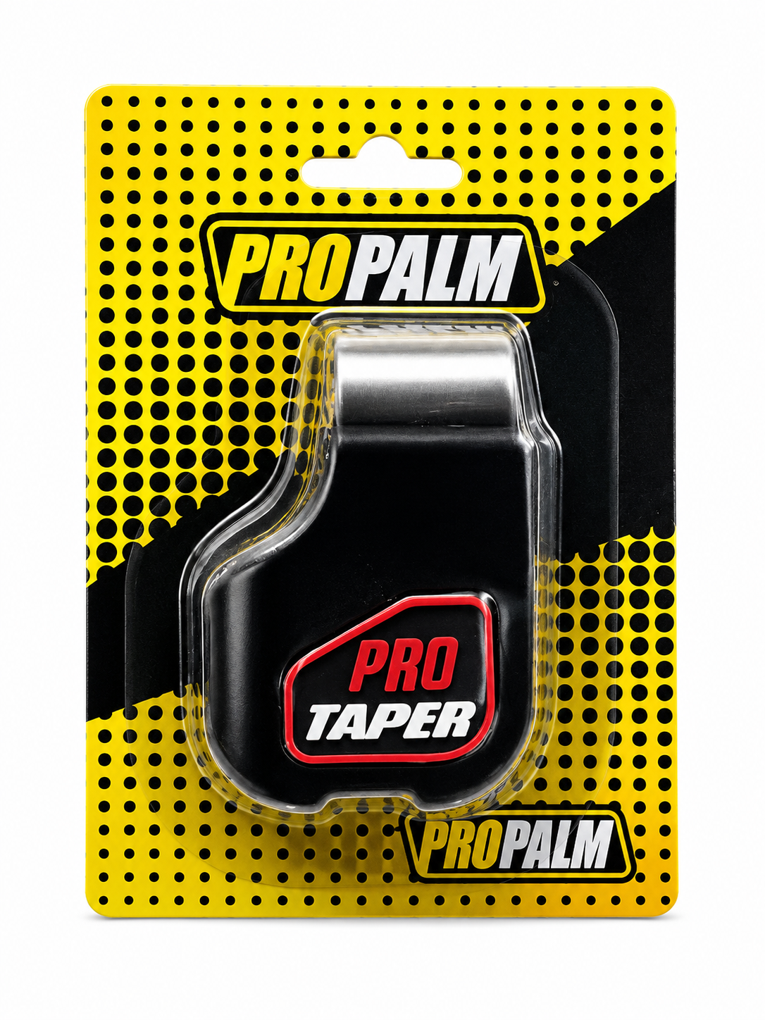 A black ProPalm Pro Taper product in its original blister packaging, featuring a yellow and black perforated card backing with the ProPalm brand logo.
