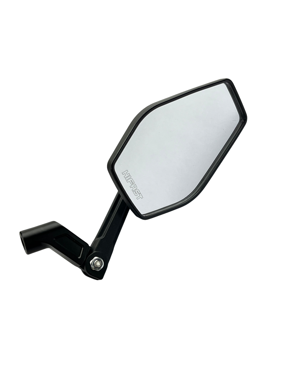 A black motorcycle side mirror with an octagonal reflective glass panel and a mounting bracket, shown on a plain white background.