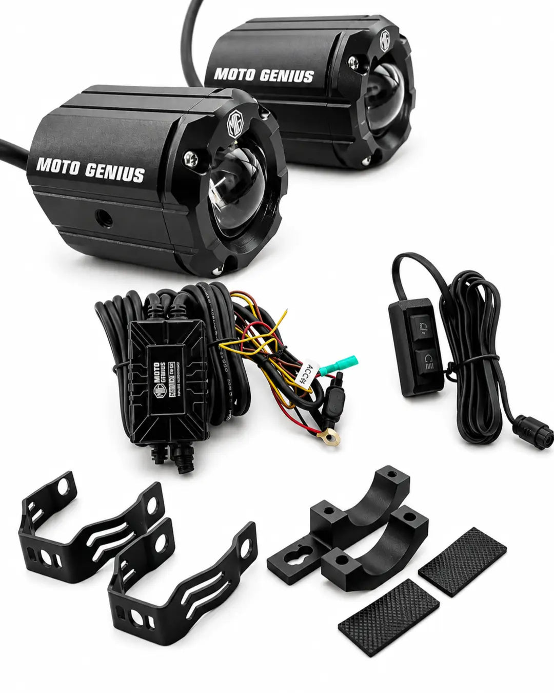 Moto Genius motorcycle lighting kit with two black LED headlight units, a black controller, wiring harness, mounting brackets, and protective covers on a white background.