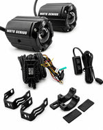 Moto Genius motorcycle lighting kit with two black LED headlight units, a black controller, wiring harness, mounting brackets, and protective covers on a white background.