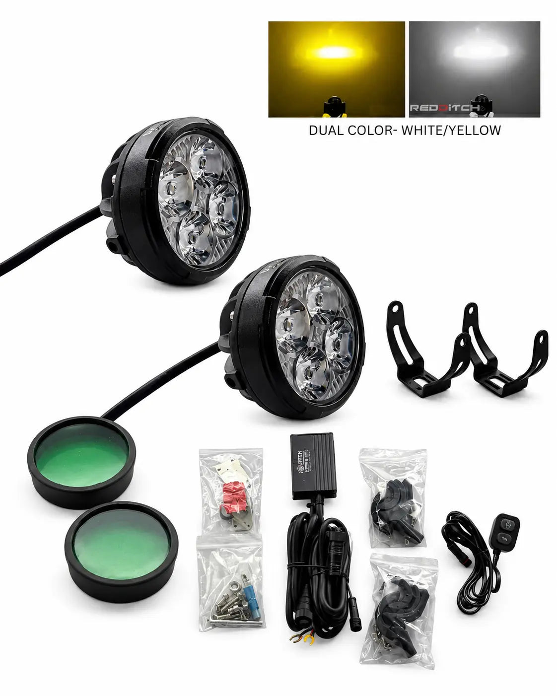 A pair of black round LED off-road lights with clear lenses, shown with mounting brackets, two green-tinted filters, wiring harnesses, connectors, and hardware on a white background. An inset at the top shows the lights illuminated in yellow and white, with text reading 'DUAL COLOR- WHITE/YELLOW'.