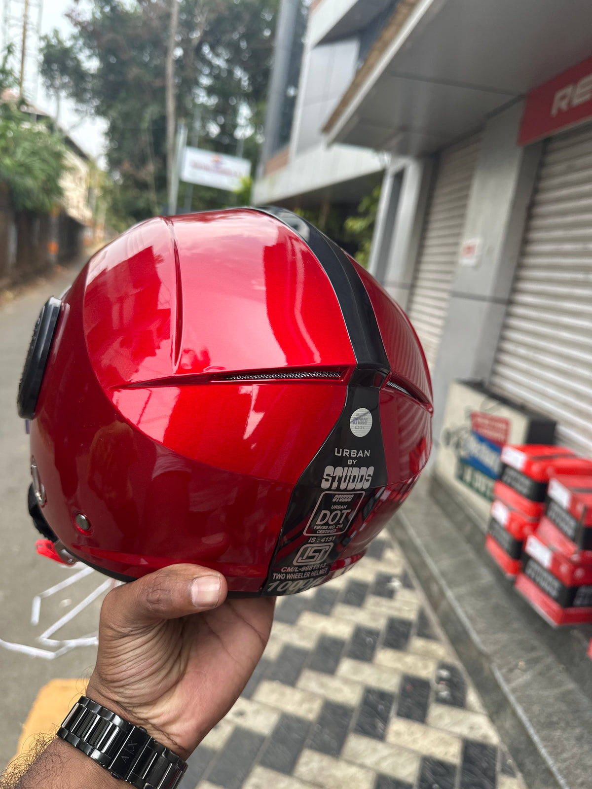 STUDDS URBAN SUPER CHERRY RED (BLACK STRIP) – Stylish open-face motorcycle helmet featuring a bold cherry red color with a sleek black stripe. Ensures superior protection, comfort, and a secure fit for every ride. Available at the **best helmet shop in India**.