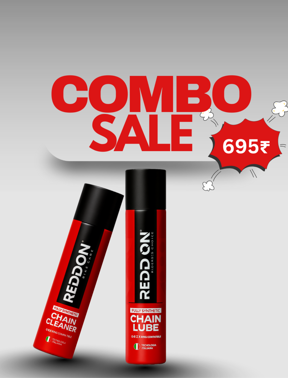 Reddon chain cleaner and chain lube combo sale on a gray background