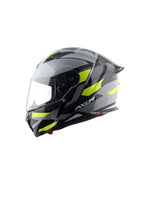 Axor Hunter Helmet, new model in green and grey, showcasing a modern and stylish dual-tone design with an aerodynamic shell, clear visor, integrated ventilation system, and robust construction for superior rider protection and comfort