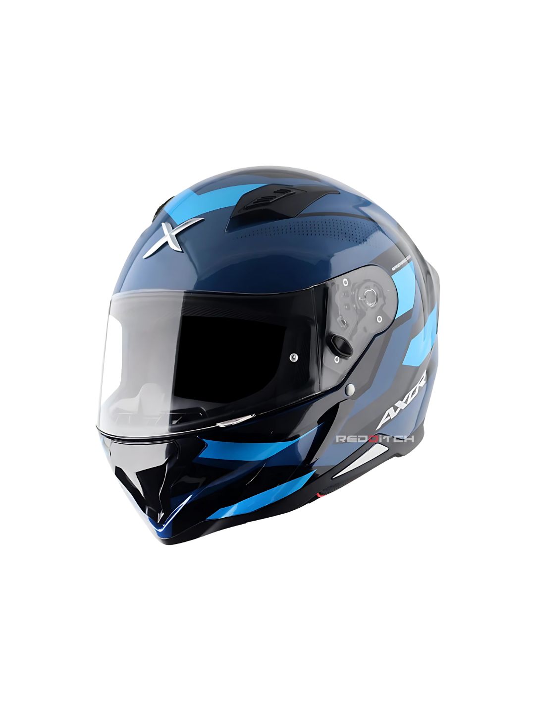 Axor Hunter Helmet in blue color featuring a sleek and aerodynamic design with a glossy finish, equipped with a clear visor, air vents for ventilation, and a sturdy build for enhanced rider safety and comfort