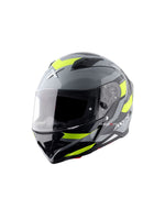 Axor Hunter Motorcycle Helmet in grey and green, featuring advanced protection, aerodynamic design, and stylish color combination for enhanced rider safety and comfort