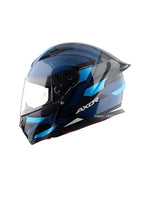 Axor Hunter Helmet in blue color featuring a sleek and aerodynamic design with a glossy finish, equipped with a clear visor, air vents for ventilation, and a sturdy build for enhanced rider safety and comfort