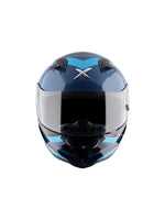 Axor Hunter Helmet in blue color featuring a sleek and aerodynamic design with a glossy finish, equipped with a clear visor, air vents for ventilation, and a sturdy build for enhanced rider safety and comfort