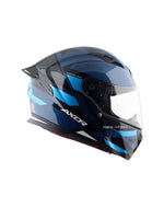 Axor Hunter Helmet in blue color featuring a sleek and aerodynamic design with a glossy finish, equipped with a clear visor, air vents for ventilation, and a sturdy build for enhanced rider safety and comfort